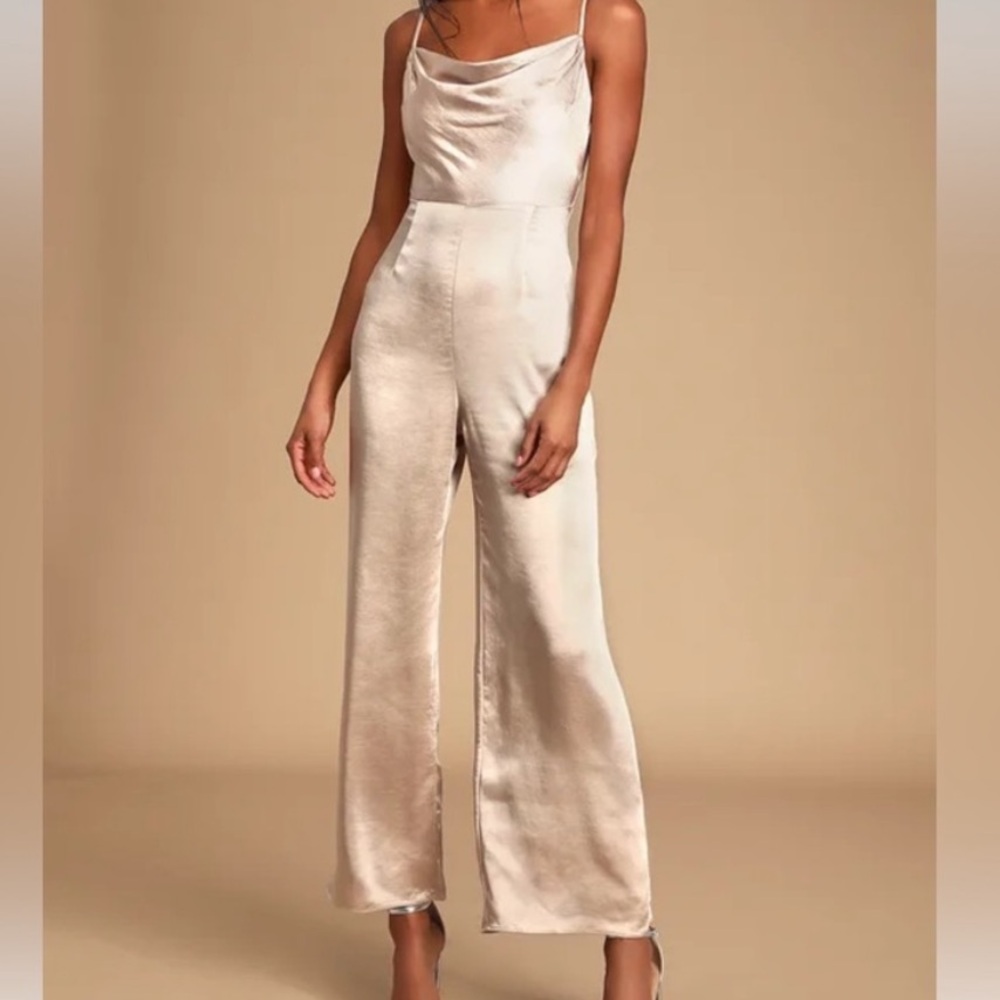 Lush Cowlneck Satin Jumpsuit - Champange Color Size XS
